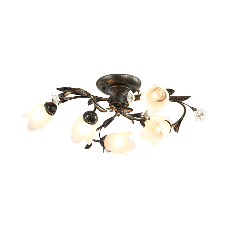 American Garden Flowers Ceilng Light - Cream Glass Semi Flush Mount Lighting in Bronze - 4/6/8 Heads