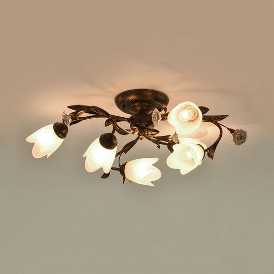 American Garden Flowers Ceilng Light - Cream Glass Semi Flush Mount Lighting in Bronze - 4/6/8 Heads