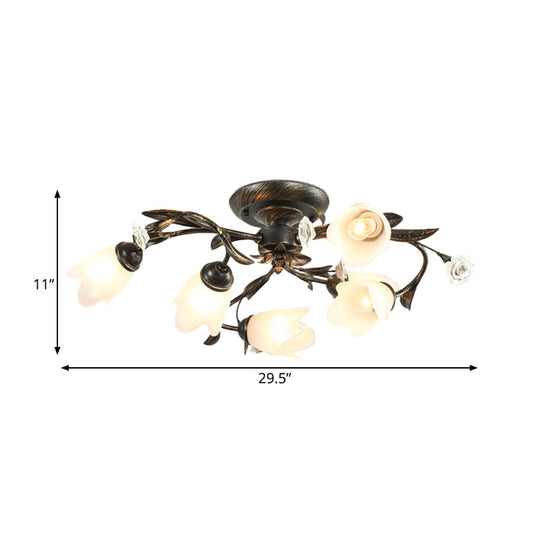 American Garden Flowers Ceilng Light - Cream Glass Semi Flush Mount Lighting in Bronze - 4/6/8 Heads