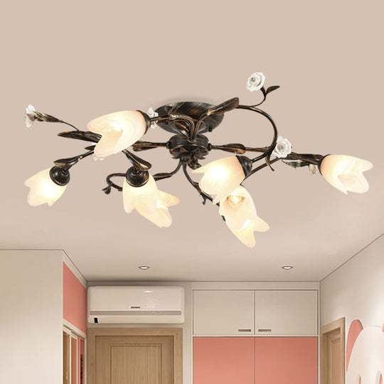 American Garden Flowers Ceilng Light - Cream Glass Semi Flush Mount Lighting in Bronze - 4/6/8 Heads