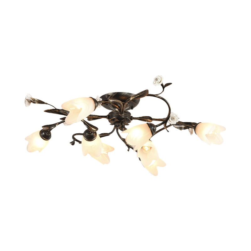 American Garden Flowers Ceilng Light - Cream Glass Semi Flush Mount Lighting in Bronze - 4/6/8 Heads