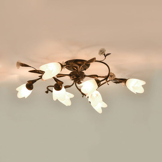 American Garden Flowers Ceilng Light - Cream Glass Semi Flush Mount Lighting in Bronze - 4/6/8 Heads