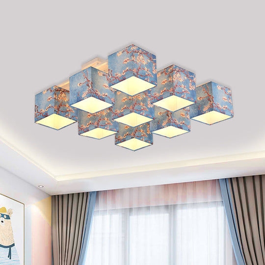 Blue Printed Cube Chandelier - 9 Bulb Semi Flush Mount Ceiling Light with Pastoral Style Fabric