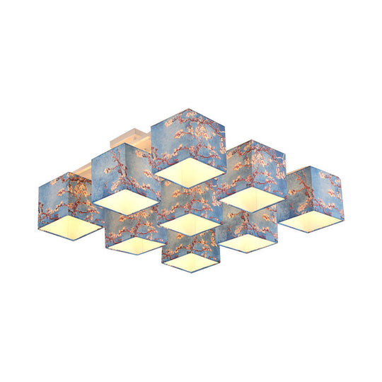 Blue Printed Cube Chandelier - 9 Bulb Semi Flush Mount Ceiling Light with Pastoral Style Fabric