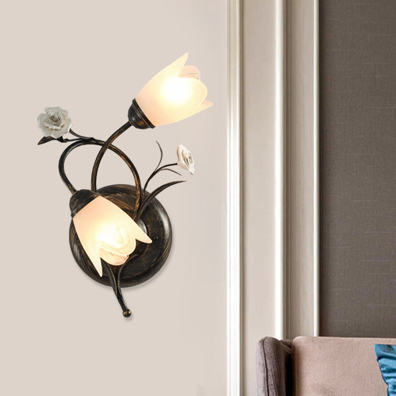 American Garden Flower Wall Lamp With Bronze Finish Frosted Glass Sconce Light - 2-Head Left/Right /