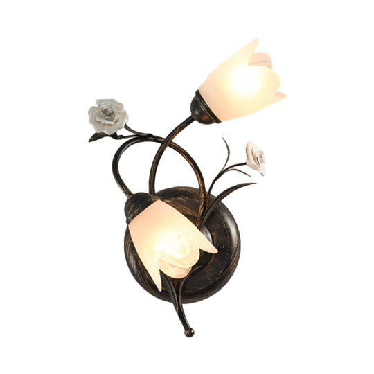 American Garden Flower Wall Lamp With Bronze Finish Frosted Glass Sconce Light - 2-Head Left/Right