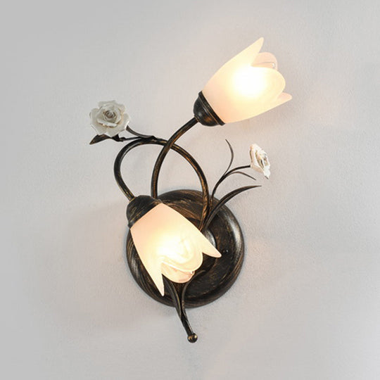 American Garden Flower Wall Lamp With Bronze Finish Frosted Glass Sconce Light - 2-Head Left/Right