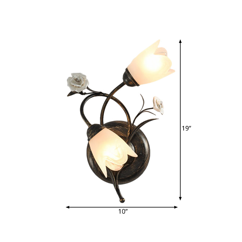 American Garden Flower Wall Lamp With Bronze Finish Frosted Glass Sconce Light - 2-Head Left/Right