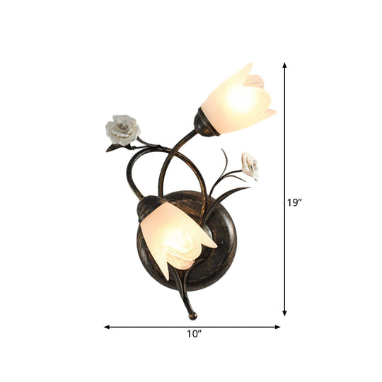 American Garden Flower Wall Lamp With Bronze Finish Frosted Glass Sconce Light - 2-Head Left/Right