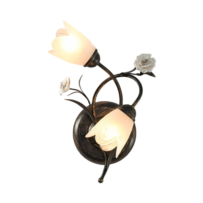 American Garden Flower Wall Lamp With Bronze Finish Frosted Glass Sconce Light - 2-Head Left/Right