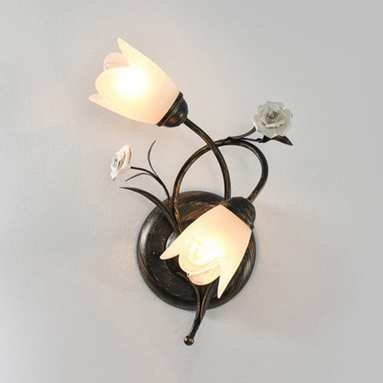 American Garden Flower Wall Lamp With Bronze Finish Frosted Glass Sconce Light - 2-Head Left/Right