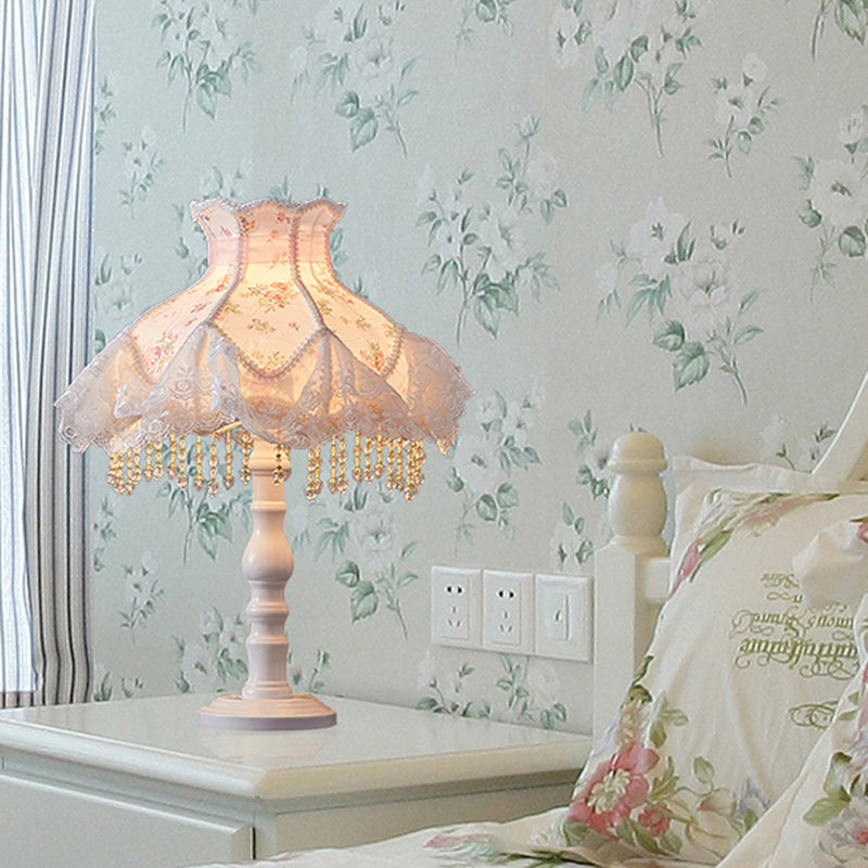 European White Nightstand Light With Flower/Lace Fabric And Draping Elegant Living Room Lighting /