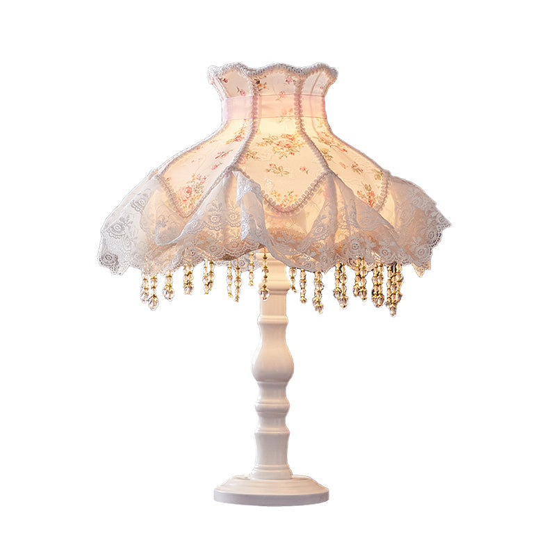 European White Nightstand Light With Flower/Lace Fabric And Draping Elegant Living Room Lighting