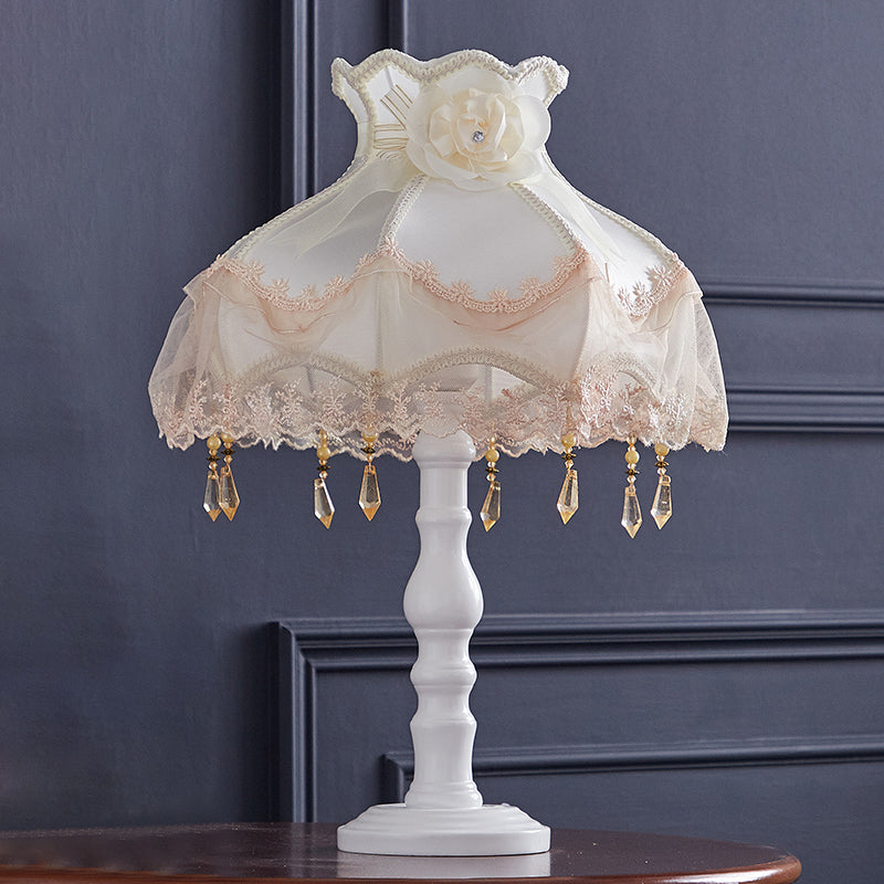 European White Nightstand Light With Flower/Lace Fabric And Draping Elegant Living Room Lighting /