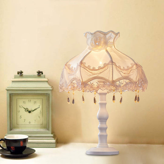 European White Nightstand Light With Flower/Lace Fabric And Draping Elegant Living Room Lighting