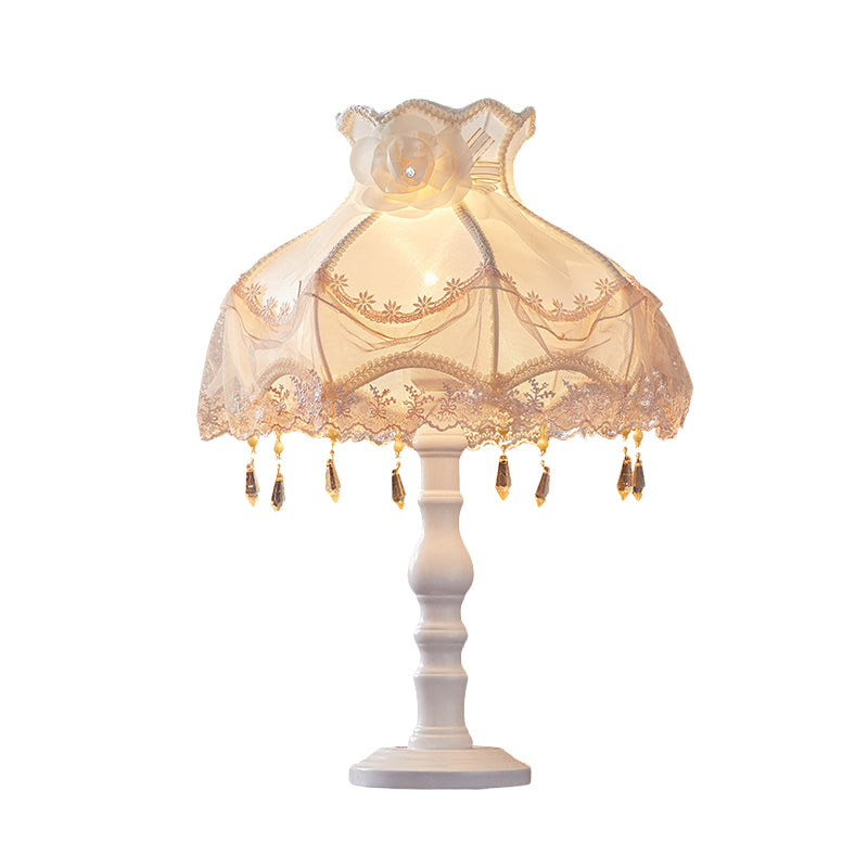 European White Nightstand Light With Flower/Lace Fabric And Draping Elegant Living Room Lighting