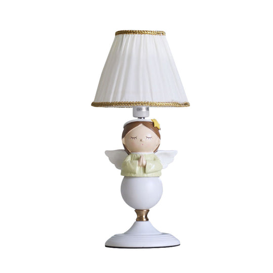 Cartoon Resin Angel Nightstand Lamp With 1 Bulb And White Bucket Fabric Shade