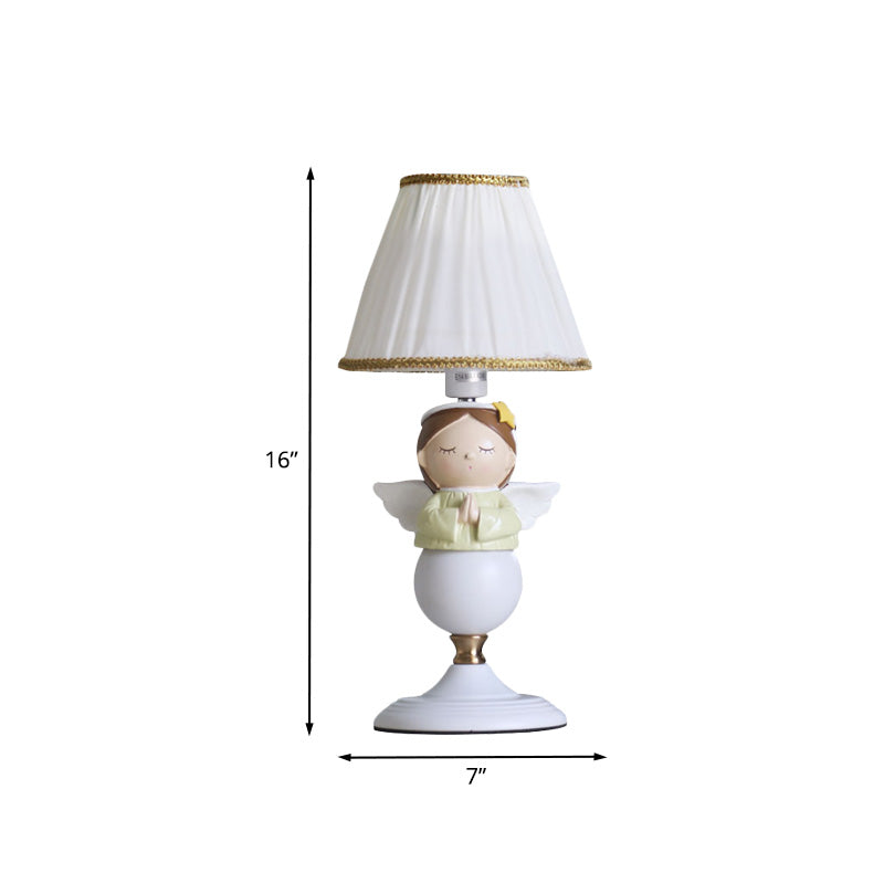 Cartoon Resin Angel Nightstand Lamp With 1 Bulb And White Bucket Fabric Shade