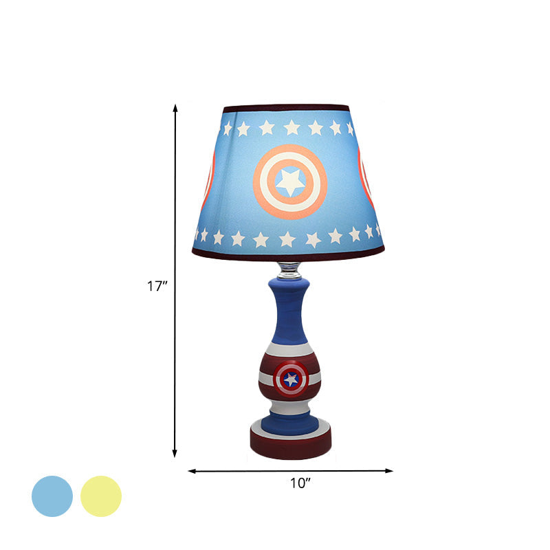 Cartoon Cone Nightstand Lamp Fabric Boys Bedroom Night Light With Star/Car Pattern In Blue/Yellow