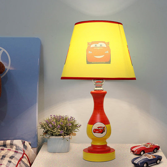 Cartoon Cone Nightstand Lamp Fabric Boys Bedroom Night Light With Star/Car Pattern In Blue/Yellow