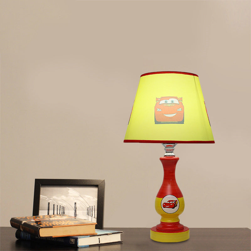 Cartoon Cone Nightstand Lamp Fabric Boys Bedroom Night Light With Star/Car Pattern In Blue/Yellow