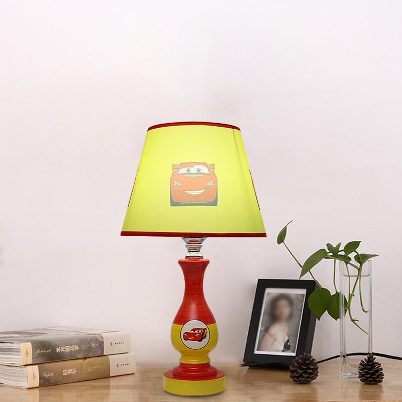 Cartoon Cone Nightstand Lamp Fabric Boys Bedroom Night Light With Star/Car Pattern In Blue/Yellow