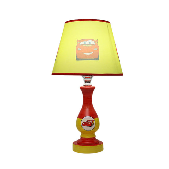 Cartoon Cone Nightstand Lamp Fabric Boys Bedroom Night Light With Star/Car Pattern In Blue/Yellow