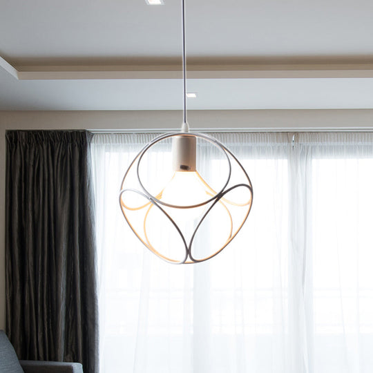 White Square Cage Pendant Light - Loft Style Metal | 1-Bulb Suspension Lamp with Hanging Cord