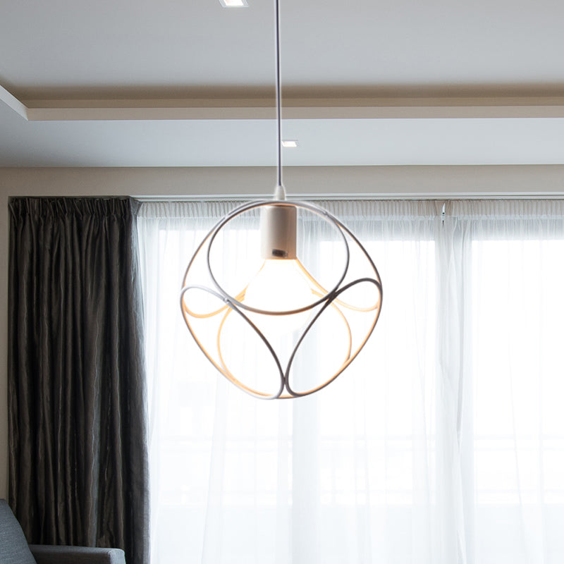 Modern White Metal Cage Pendant Light With Hanging Cord - Loft Style 1 Bulb Ideal For Living Room