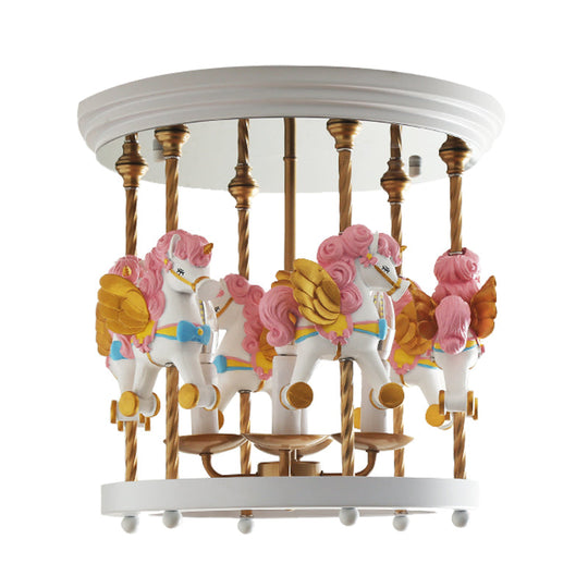 Metal Carousel Semi Flush Cartoon Flush Mount Lighting Fixture for Children's Room - 4-Bulb Red/Pink/Yellow