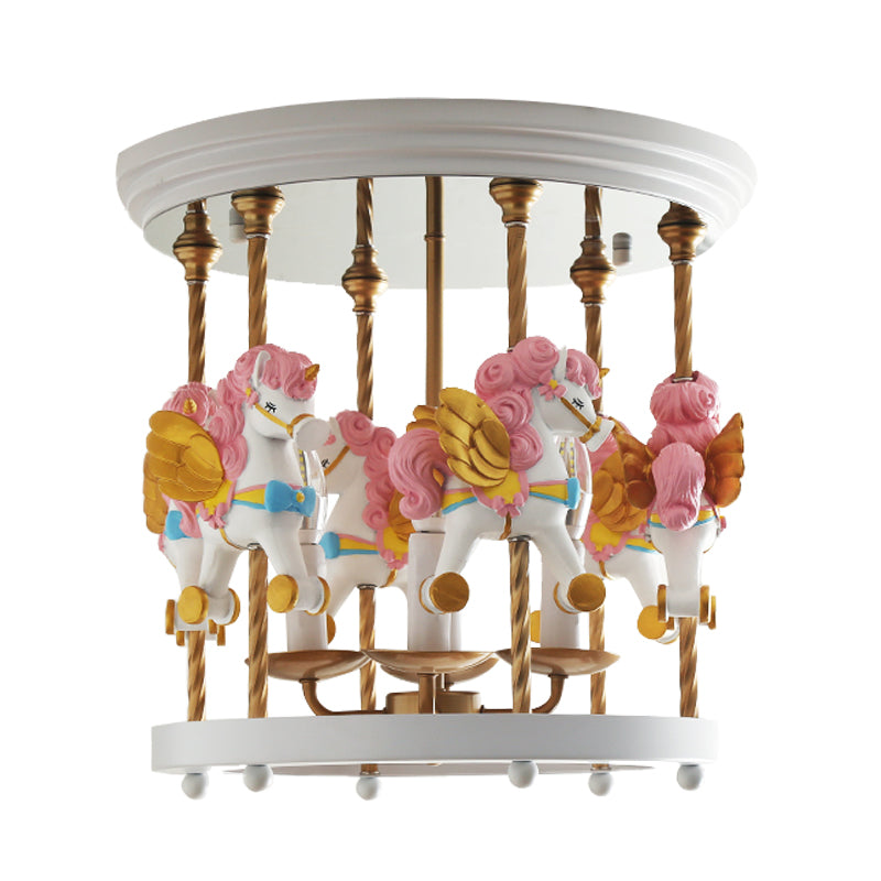 Metal Carousel Semi Flush Cartoon Mount Lighting Fixture For Childrens Room - 4-Bulb Red/Pink/Yellow