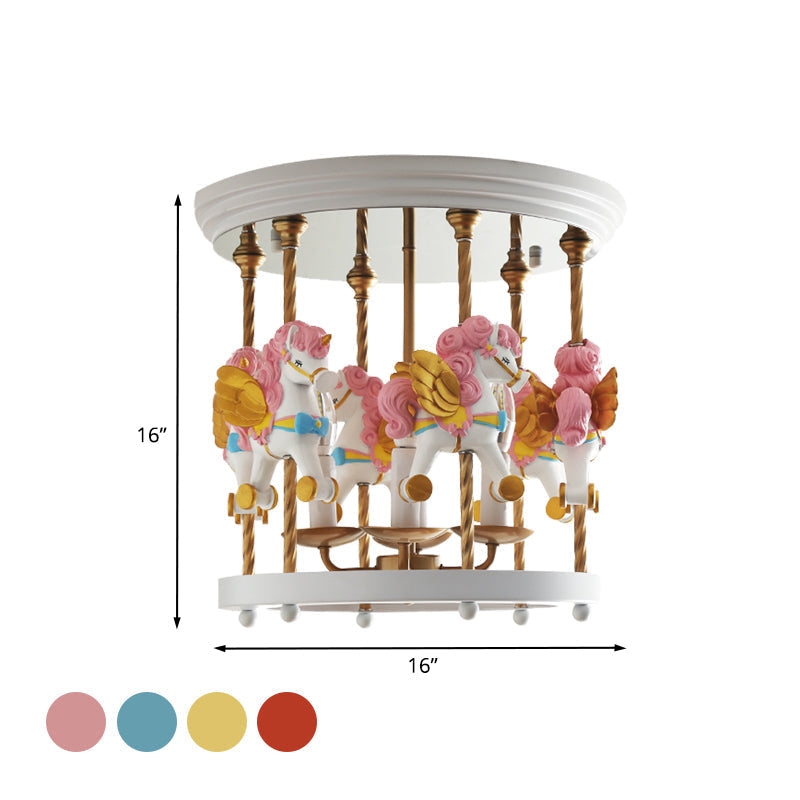 Metal Carousel Semi Flush Cartoon Flush Mount Lighting Fixture for Children's Room - 4-Bulb Red/Pink/Yellow