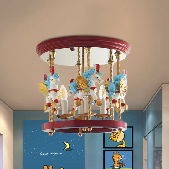 Metal Carousel Semi Flush Cartoon Flush Mount Lighting Fixture for Children's Room - 4-Bulb Red/Pink/Yellow