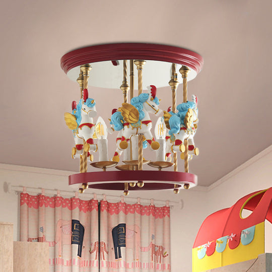 Metal Carousel Semi Flush Cartoon Flush Mount Lighting Fixture for Children's Room - 4-Bulb Red/Pink/Yellow