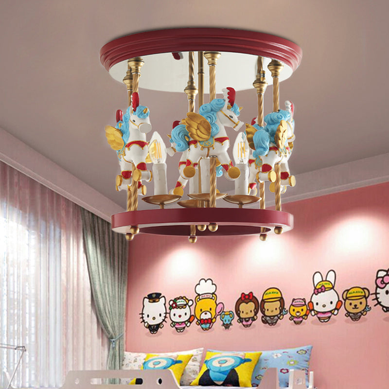 Metal Carousel Semi Flush Cartoon Flush Mount Lighting Fixture for Children's Room - 4-Bulb Red/Pink/Yellow