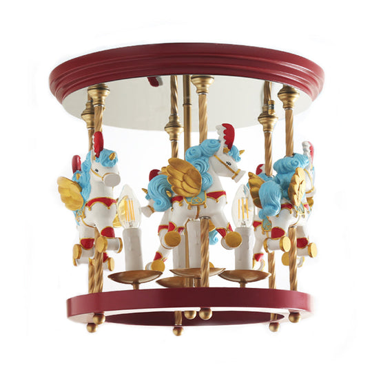 Metal Carousel Semi Flush Cartoon Flush Mount Lighting Fixture for Children's Room - 4-Bulb Red/Pink/Yellow