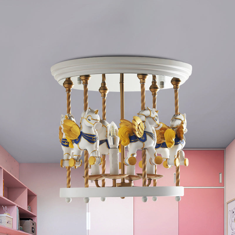 Metal Carousel Semi Flush Cartoon Flush Mount Lighting Fixture for Children's Room - 4-Bulb Red/Pink/Yellow