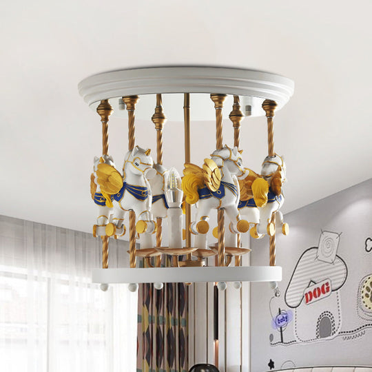 Metal Carousel Semi Flush Cartoon Flush Mount Lighting Fixture for Children's Room - 4-Bulb Red/Pink/Yellow