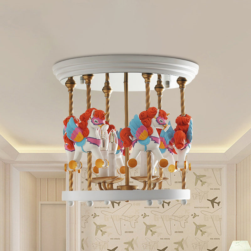 Metal Carousel Semi Flush Cartoon Flush Mount Lighting Fixture for Children's Room - 4-Bulb Red/Pink/Yellow