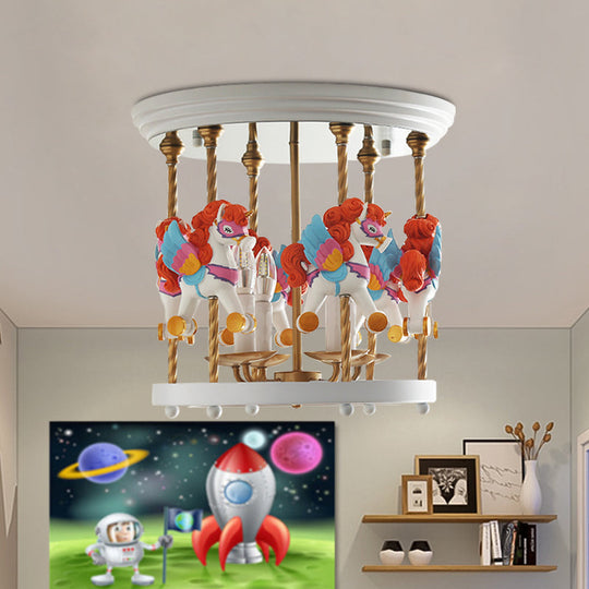 Metal Carousel Semi Flush Cartoon Flush Mount Lighting Fixture for Children's Room - 4-Bulb Red/Pink/Yellow