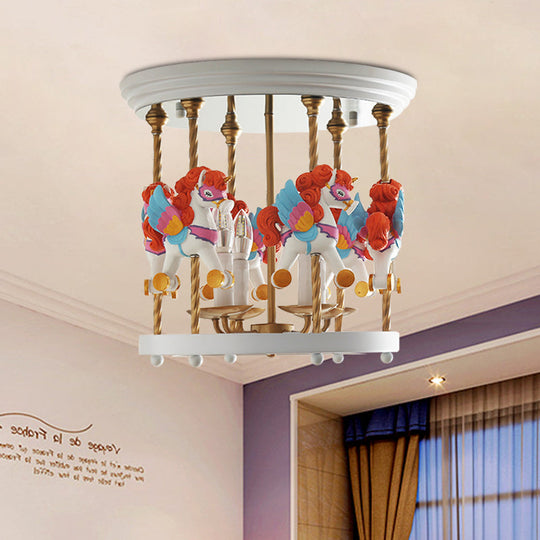 Metal Carousel Semi Flush Cartoon Flush Mount Lighting Fixture for Children's Room - 4-Bulb Red/Pink/Yellow