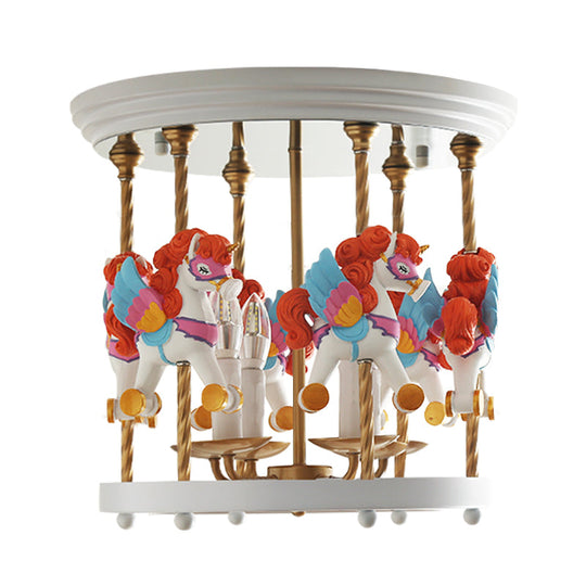 Metal Carousel Semi Flush Cartoon Flush Mount Lighting Fixture for Children's Room - 4-Bulb Red/Pink/Yellow