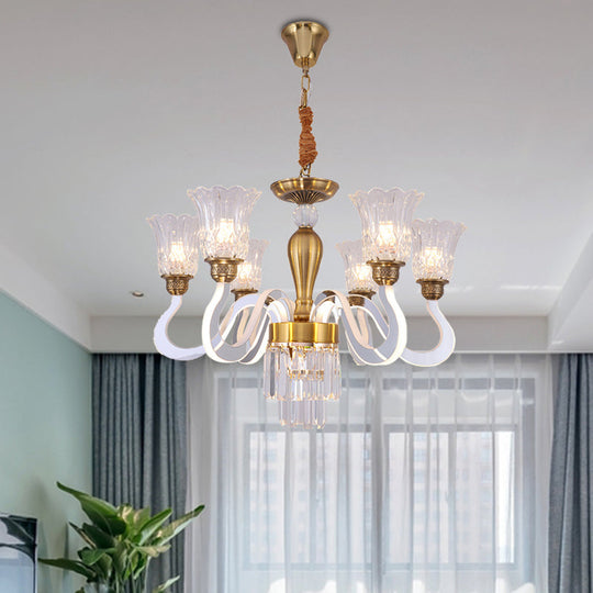 Modern Gold Floral Chandelier With Crystal Accents - 6 Bulb Pendant Lamp For Bedroom