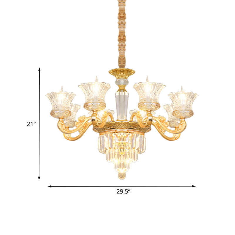 Gold Pendant Blossom Modern Chandelier - 8-Head Clear Crystal Glass With Carved Arm