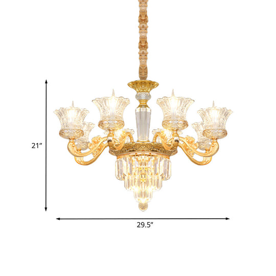 Gold Pendant Blossom Modern Chandelier - 8-Head Clear Crystal Glass With Carved Arm