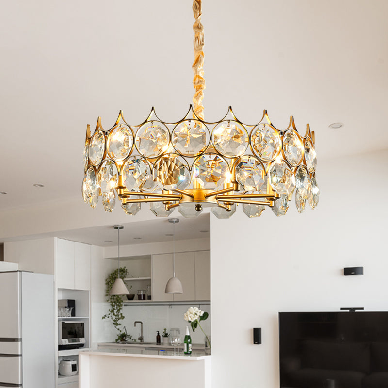 Modern Drum Pendant Chandelier With 8 Bulbs Gold Finish And Crystal Faceted Ceiling Hang Fixture