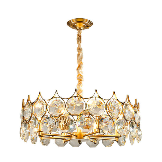 Modern Drum Pendant Chandelier With 8 Bulbs Gold Finish And Crystal Faceted Ceiling Hang Fixture