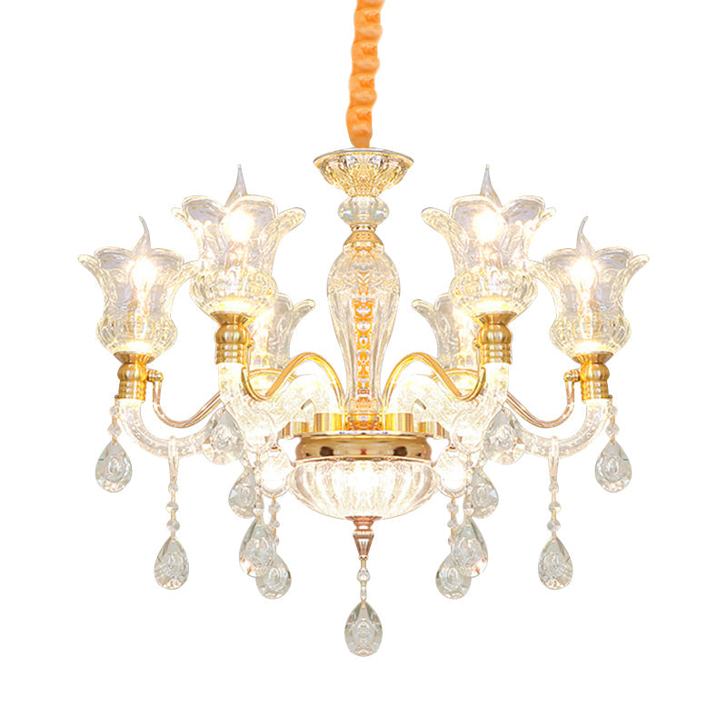 Modern Gold Glass Ceiling Lamp With Crystal Drop - Blossom 6-Bulb Chandelier For Bedroom