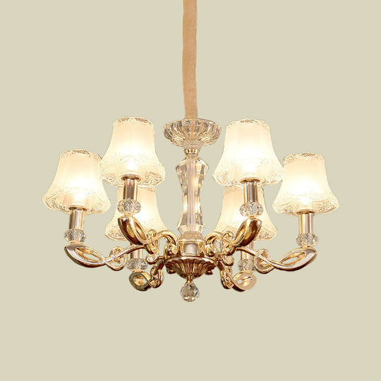 Modern 6-Head Gold Dining Room Chandelier With Crystal Accents - Milky Glass Bell Suspension Lamp