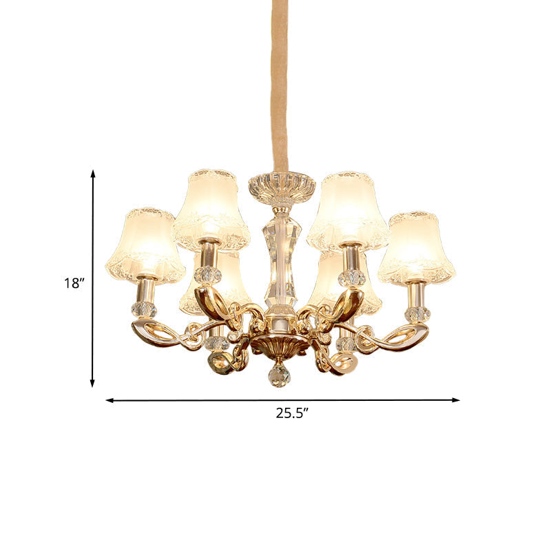 Modern 6-Head Gold Dining Room Chandelier With Crystal Accents - Milky Glass Bell Suspension Lamp